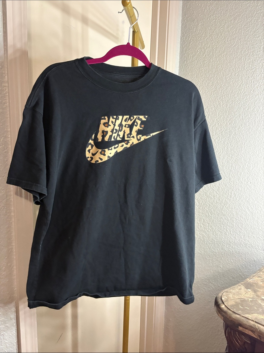 Nike Black Short Sleeve Tee with Leopard Swoosh Logo